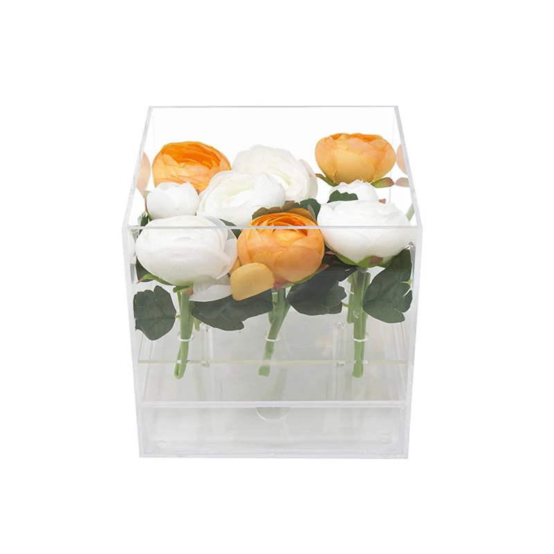 Прозрачный акриловый цветок розы коробка с выдвижным органайзером для макияжа День Святого Валентина Свадебный подарок цветок ящик коробка с крышкой