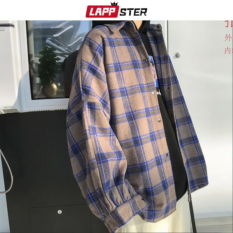 Lappster Men Harajuku Color Block Plaid 