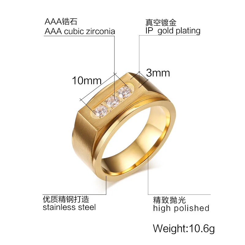 Нержавеющая сталь три CZ алмаз обручальное кольцо золото 18K покрыло обручальные кольца старинные ювелирные изделия мужчины анель Мужчина для