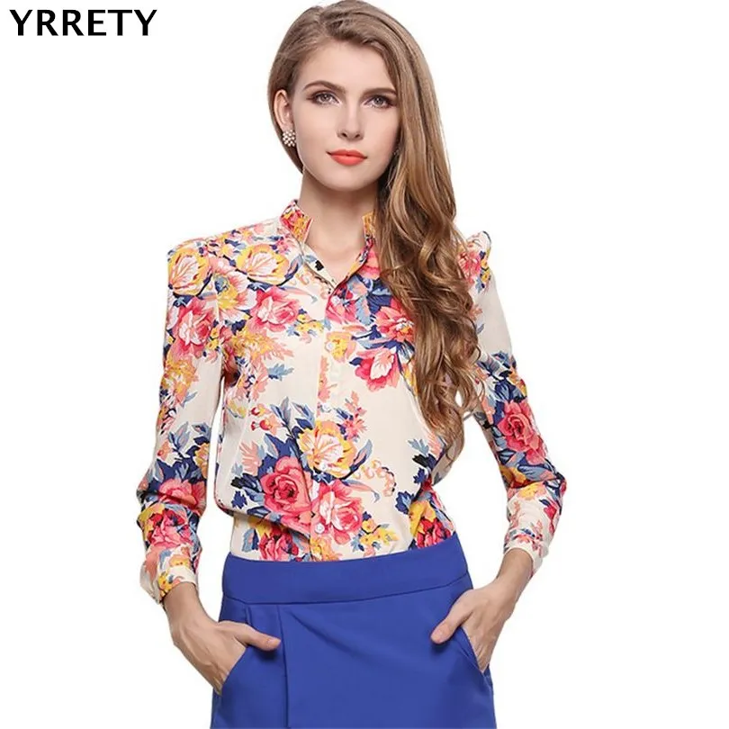 

YRRETY Autumn T Shirts Fashion Women Floral Print Stand Vintage Floral Print Cotton Long Sleeve Elegant Shirts Casual Slim Tops