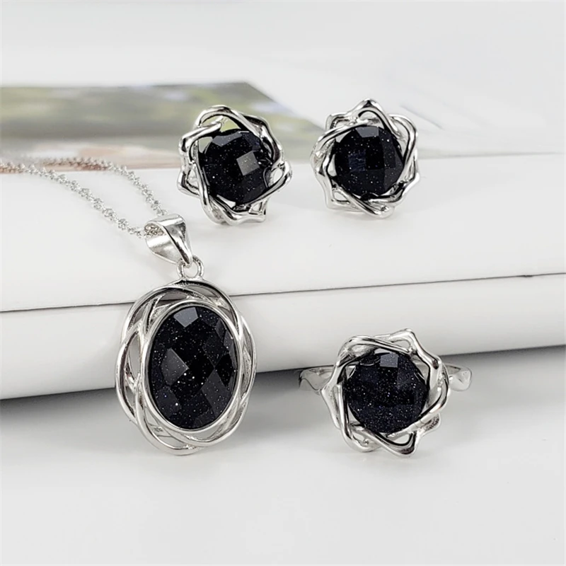 

Natural Stone 925 Pure Sterling Silver Retro Jewelry Set Glitter Blue/Black Onyx Agate Blue Turquoise Necklace Stud Earring Ring