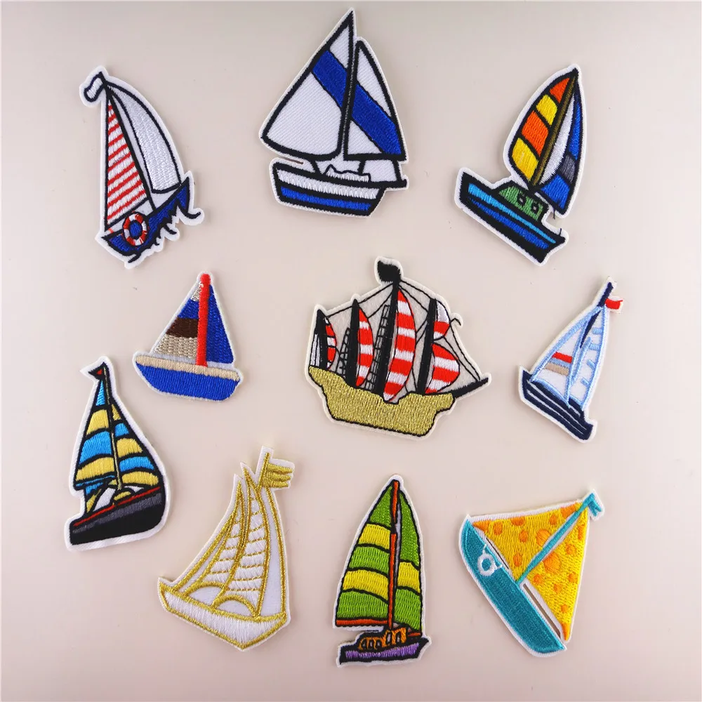 BD013, 10pcs/lot boat Mixed Iron On Patches For Clothing Embroidery