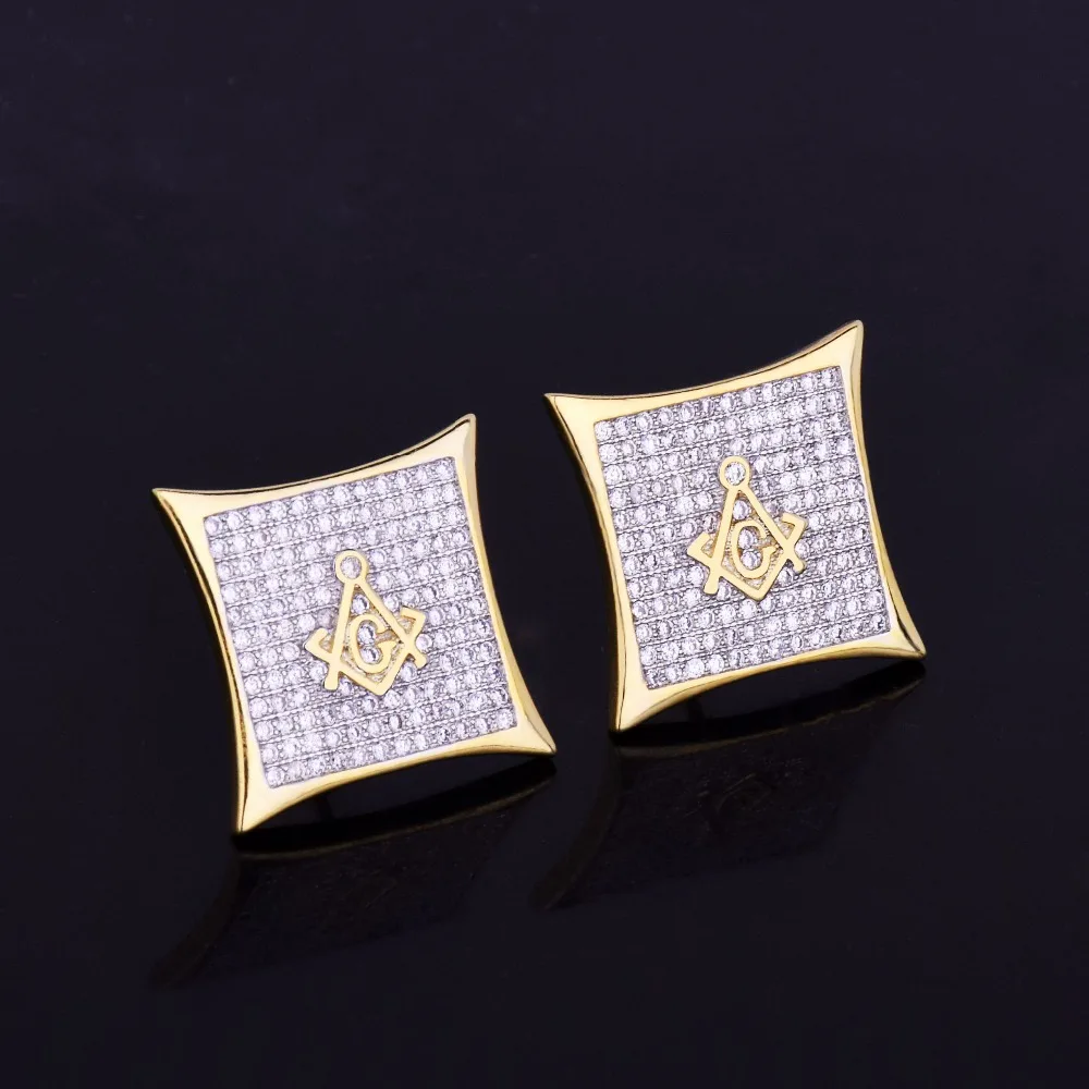 Iced квадратная масонская Золотая Сережка-гвоздик Серебряный Цвет кубический циркон серьги для мужчин хип-хоп ювелирные изделия для подарка 15 мм