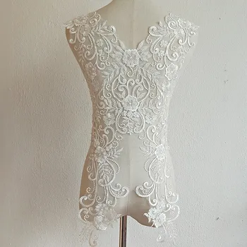 

White European Beaded Embroidery Lace Applique Wedding Dress DIY Banner RS555