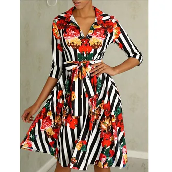 

Women Spring Autumn Stripped Boho Floral Printed Long Dress Vintage Half Sleeve Dresses Turn down Collar Sashes Party Sundress