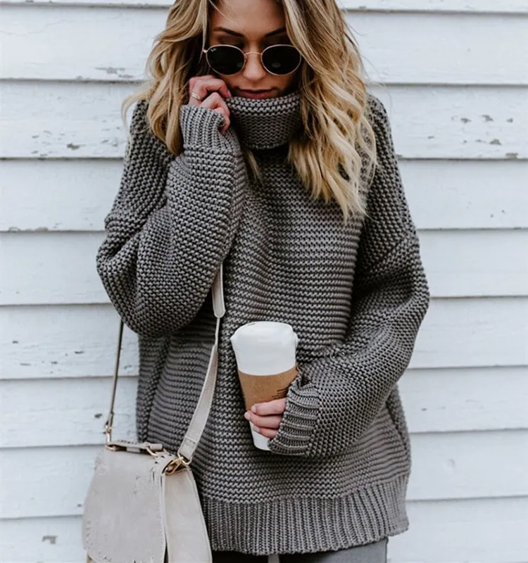 

6 Colors 2019 Autumn Women Solid Color Turtleneck Sweater Solid Long Sleeve Loose Sweater