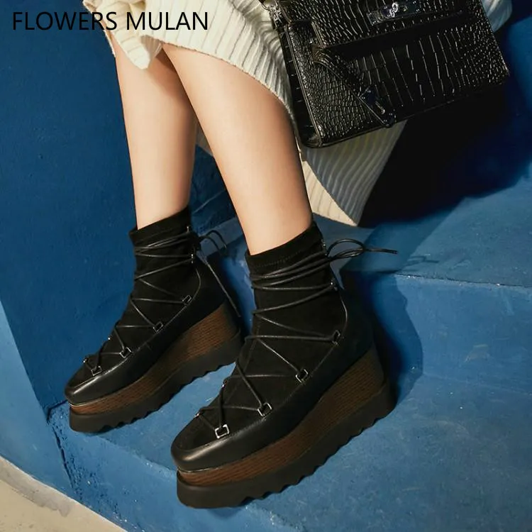 

2018 New Designers Suede Upper High Wedges Heel Front Cross Tied Ankle Strap Girl Winter Shoes Round Toe Winter Boots Footwear