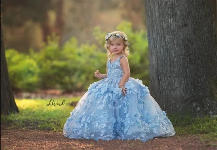 Роскошные небесно-Голубые Платья с цветочным узором для девочек; бальное платье с объемными цветами; красивое Пышное Платье для девочек; праздничное платье для первого дня рождения для девочек