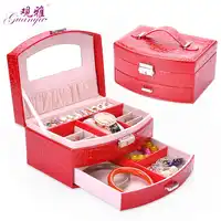 2 Layers Leather Jewelry Box Carrying Case Fashion Stylish Classical Jewel Case With Mirror and Lock For Ring Festival Gift