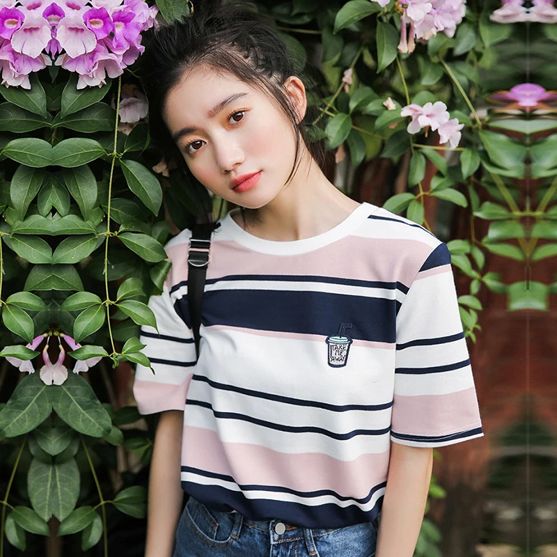 2019 летние полосатые Топы Harajuku Ulzzang футболка для женщин 2018 милые топы школьниц