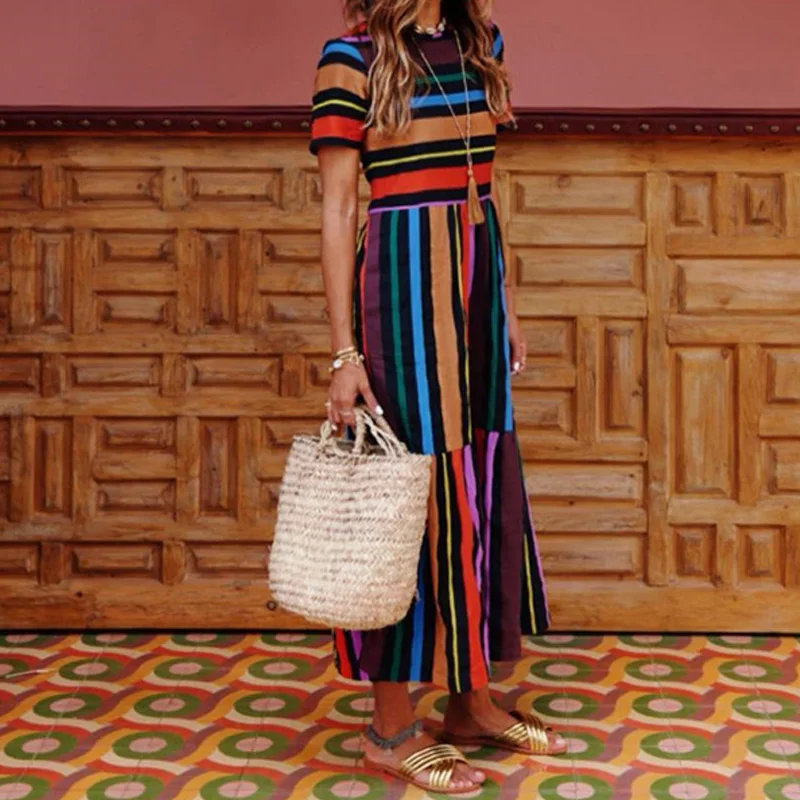 

Maxi dress Bohemian Striped Colorful Summer Dress 2019 Short Sleeve Ankle-Length Long Dress Sundress Female Summer Dresses Woman
