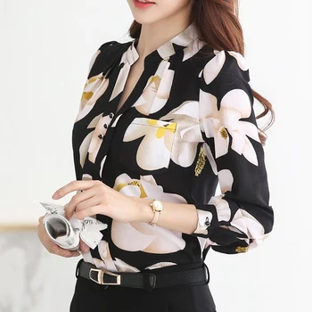 

Fashion Casual Long Sleeve V-Neck Blouse Elegent Autumn Chiffon Print Shorts Slim Women Office Tops Blusas Plus Size 2X 7Q1477