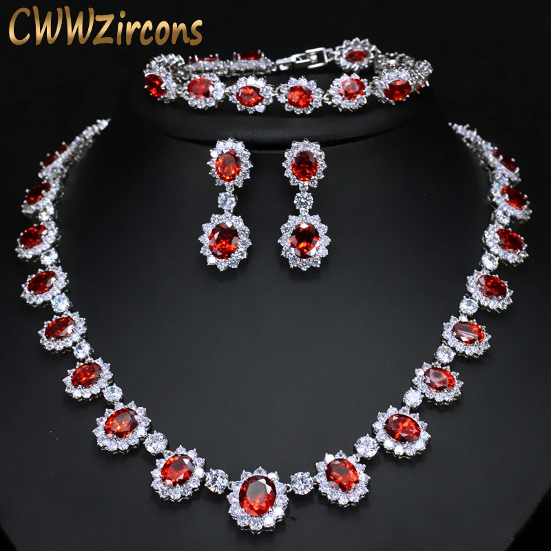 CWWZircons Sparkling Round Cubic Zirconia Luxury Big Bridal Red Necklace Earring Bracelet Set For Wedding Party Jewelry T083