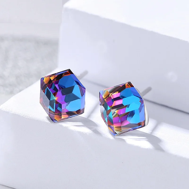 

Genuine 925 sterling silver earring studs cute multi-color Color square Zircon stone Earrings studs for women fine jewelry