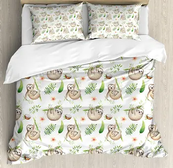 

Sloth Duvet Cover Set, Baby Sloth and Mother Soft Colored Flowers Coconut Tree Leaves Happy Family,e 4 Piece Bedding Set