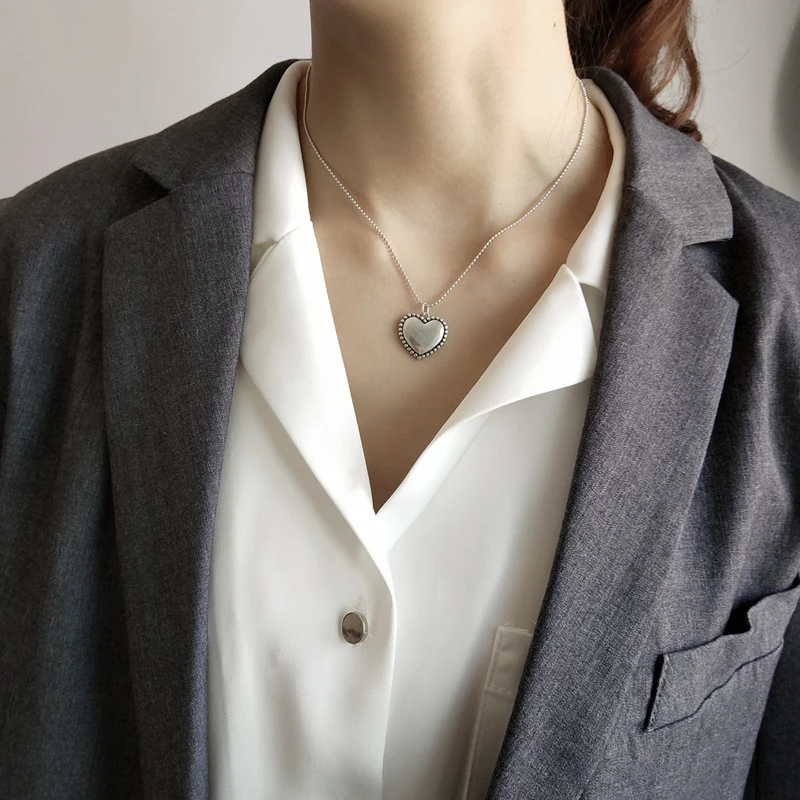 LouLeur 925 стерлингового серебра винтажный глянцевый стильный элегантный кулон "Сердечко" Серебряная цепочка, круглые бусины с подвеской в форме сердца для женщин шарма ювелирных изделий