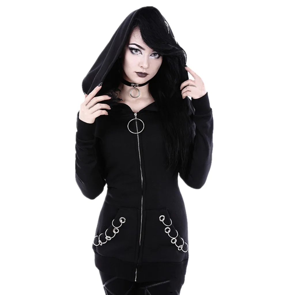 

Coat in Apparer for Women Loose Gothic Punk Long Sleeve Hooded Solid Black Cardigan Jacket Coat 25 Dropshipping