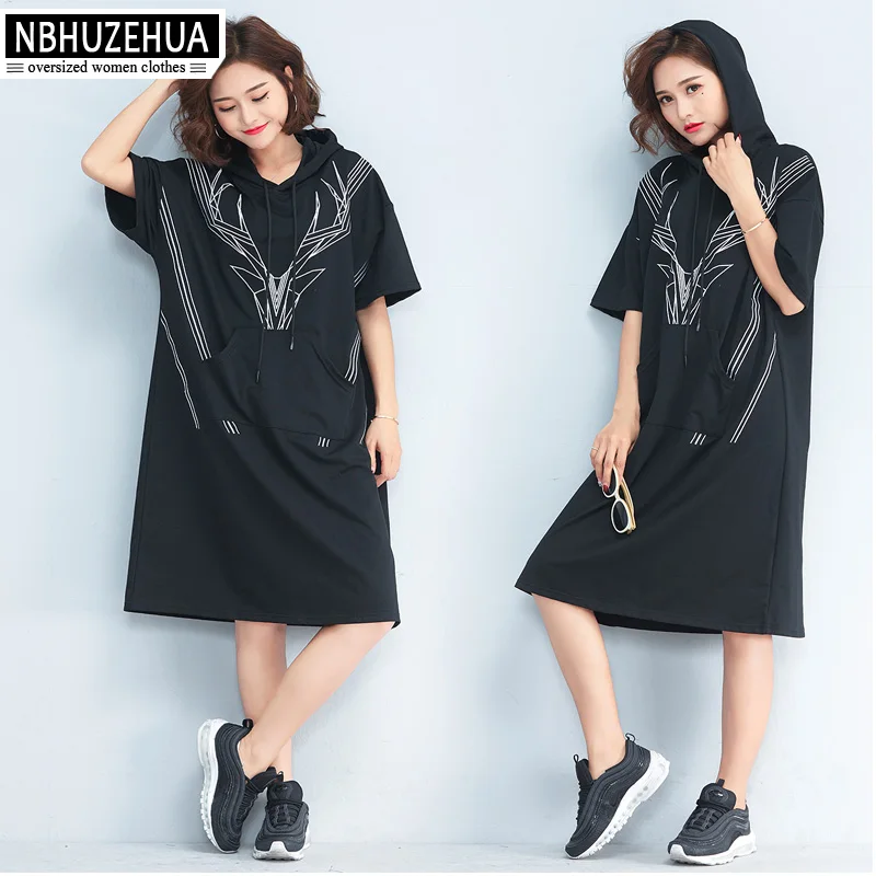

NBHUZEHUA 7G560 2018 Women's Summer Hoodies Dresses Fawn Embroidery Black Women T Shirt Dress Big Size 3XL 4XL 5XL