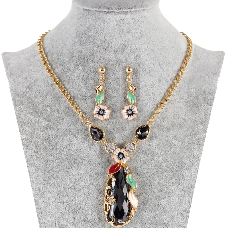

Cubic Zirconia Crystal Necklace Earrings Teardrop Flowers Enamel Jewelry Sets Grey Rhinestone Golden Silver Plated for Wedding