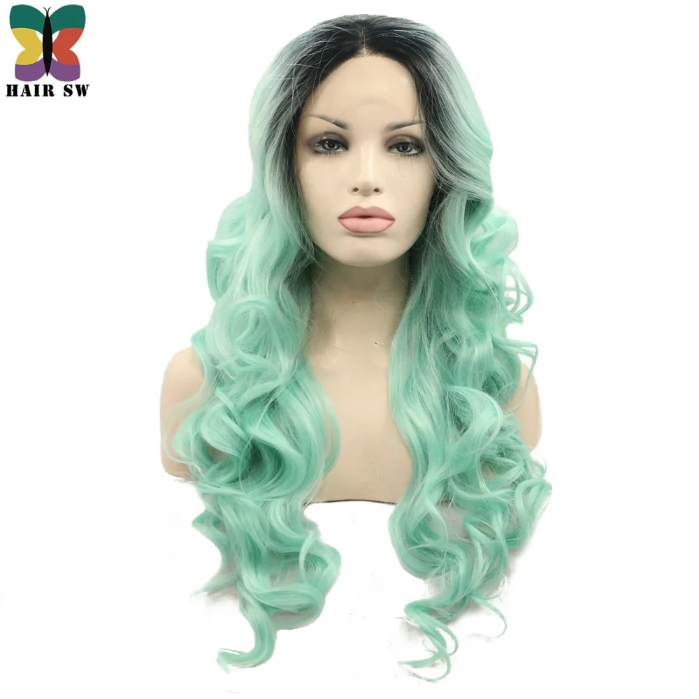 HAIR SW Long Wavy Synthetic Lace Front wigs Light Green 150 Heavy