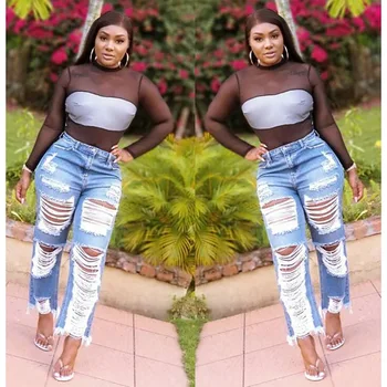 

Y5118 New Sexy Hand-polished Hollow Washed Jeans Slacks Ankle-Length Pants Distressed Button Fly Mid Button Fake Zippers