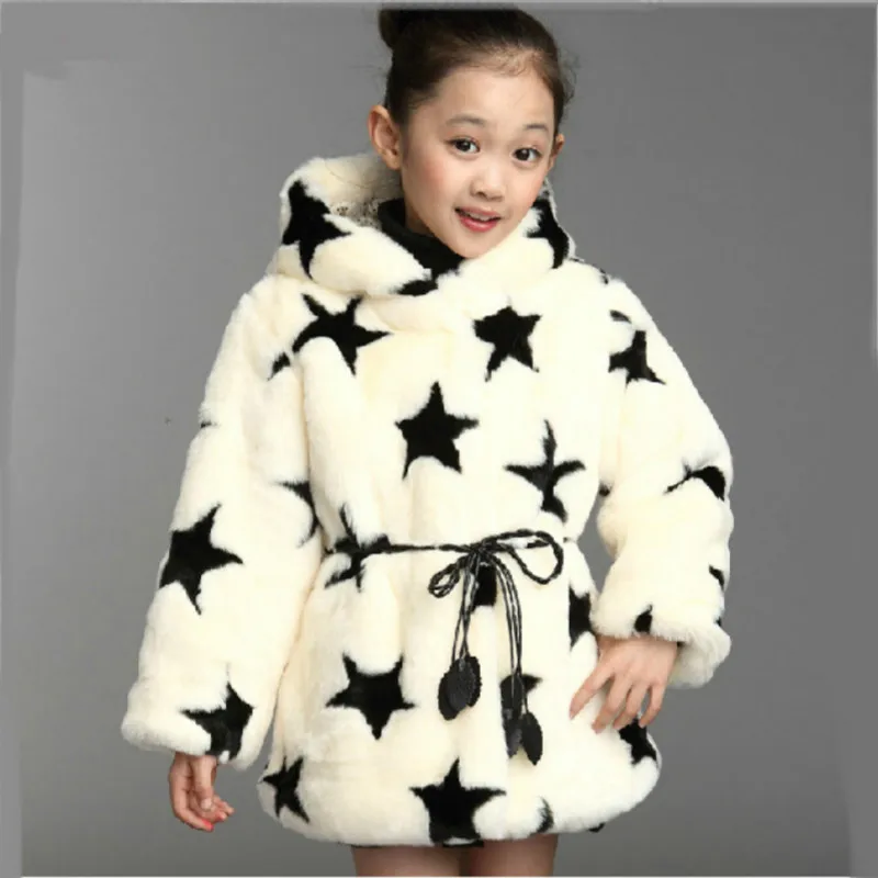 Modis/Детское пальто с искусственным мехом; зимняя куртка; Детская уличная одежда с капюшоном и рисунком звезды; пальто с мехом для девочек; Меховая куртка принцессы с кроличьим мехом