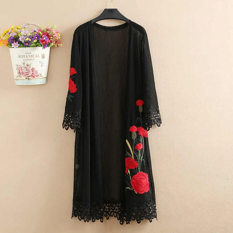 OHRYIYIE Plus Size 5XL Black Floral Printed Women Cardigan Sweater Poncho New Summer Long Loose Hollow Cardigans Pull Femme