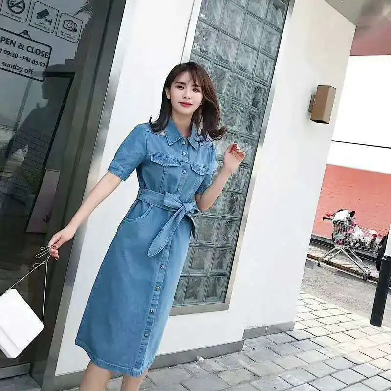 Women Denim dress Pockets Cowboy Lace Up dress women dress 2019 summer style loose high waist bandage Mid Dress Jeans