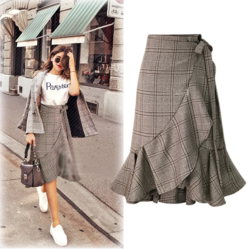 Европейский стиль Осень стиль Хаундстут шнуровка бант шнурок сладкий элегантный плиссированные юбки асимметричный подол высокая талия