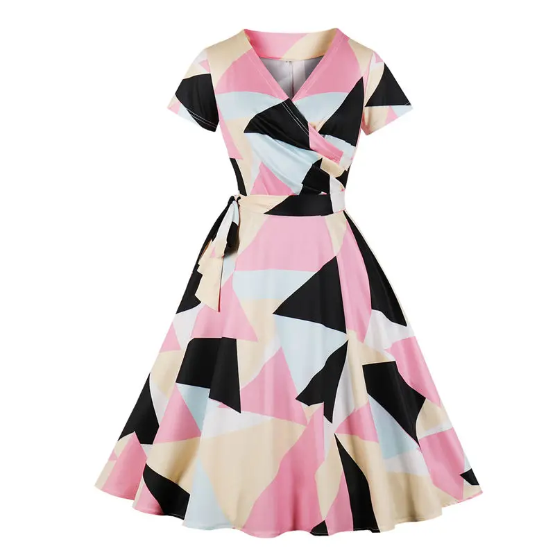 

Women's Elegant Retro Dress Short Sleeve Geometric Printed Knee-length A-Line Dress Fashion New Ladies Rockabilly Party Dresses
