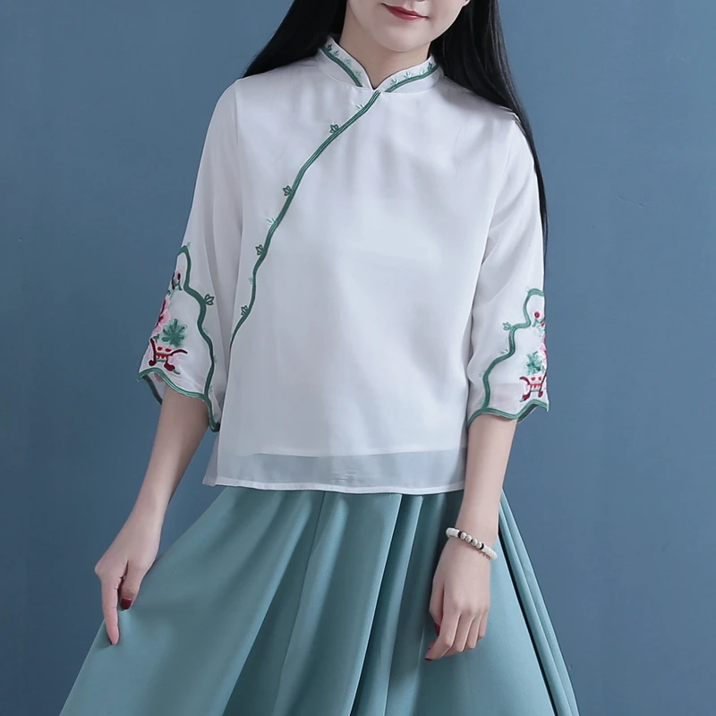 Для женщин летние Винтаж рубашки с вышивкой Ретро косой кружевной воротник рубашки шеи свободные Шифоновая блузка традиционные китайские