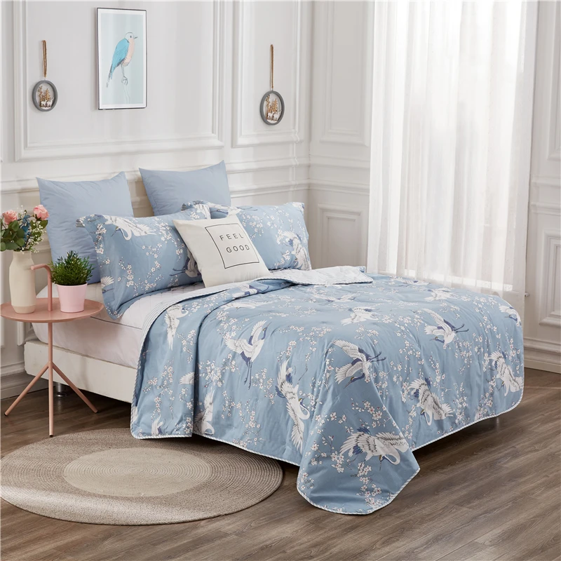 

Reactive Dyes Printed Blue Crane Pattern Pattern Bedspread Coverlets Cotton Adults Duvet Breathable Comforter Summer Quilt Home