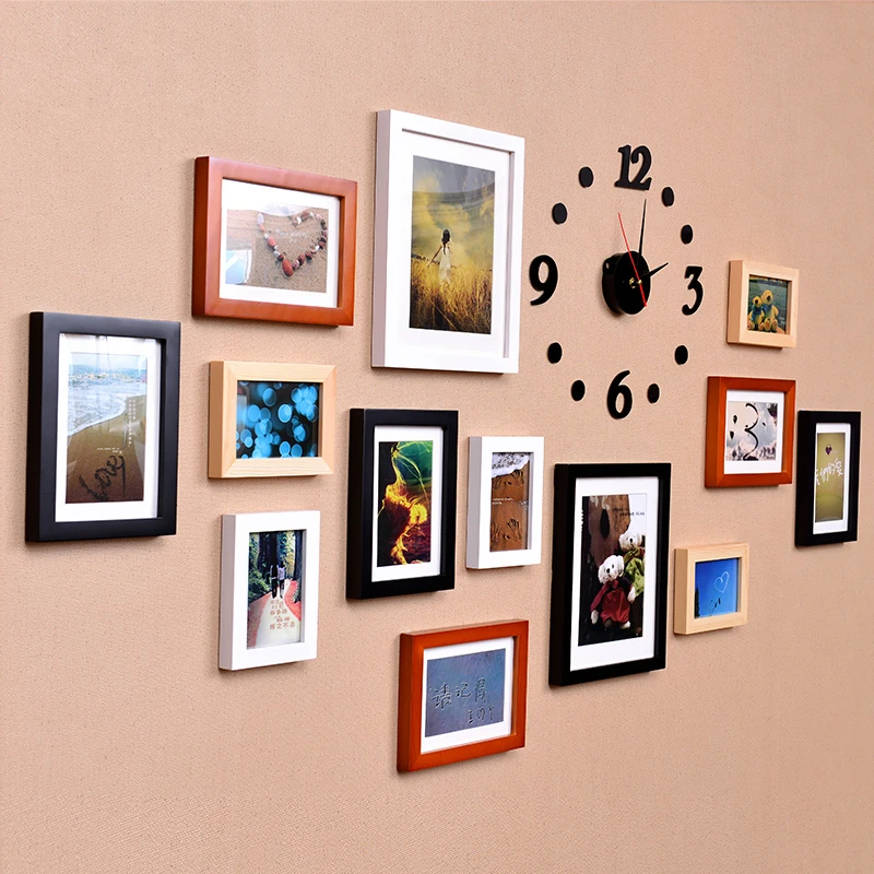 Best 13Pieces Quality Wooden Photo Frame Combination Artistic Clock Picture Frames Decorate Background Bedroom Romantic Modern Style