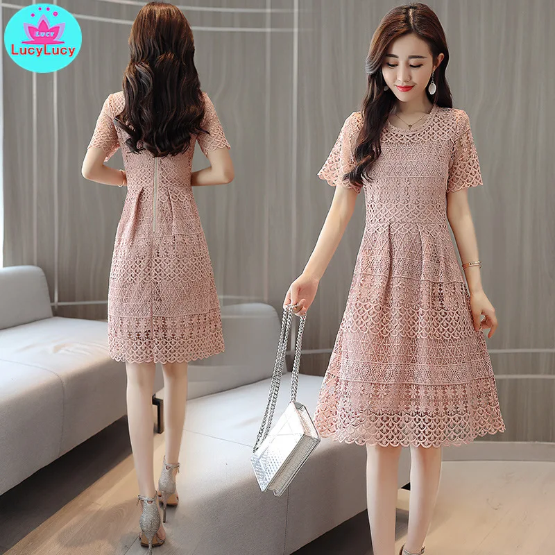 

2019 new Korean version of the high waist round neck short-sleeved slim slimming a word pink lace dress Knee-Length Solid
