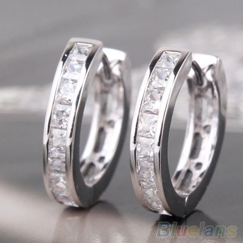 

Fashion Silver Plated Small Round Square Crystal Hoop Huggie Earrings Men 1Q1P