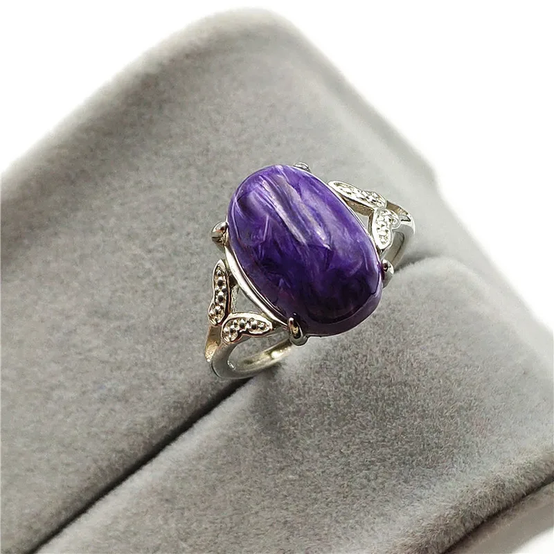 

Natural Purple Charoite Adjustable Ring Woman Men Love Luxury Gift 14x9mm Beads Gemstone 925 Sterling Silver Ring Jewelry AAAA