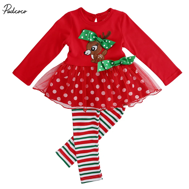 

2 Pcs Infant Baby Girls Xmas Deer T-shirt Lace Tops+Long Pants Leggings Outfits Set 1-6Y Kids Girl Christmas Clothing