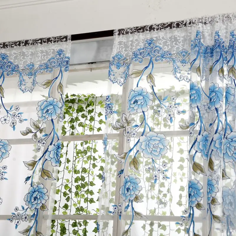 Flower Print Window Curtain Divider Tulle Voile Drape Panel Sheer Scarf Valances