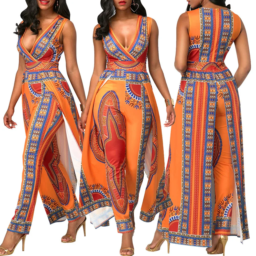 Alunellay African Design Bazin Summer Elegant Rompers Womens Jumpsuits Sleeveless Deep V Neck Long Dashiki Overalls Plus Size