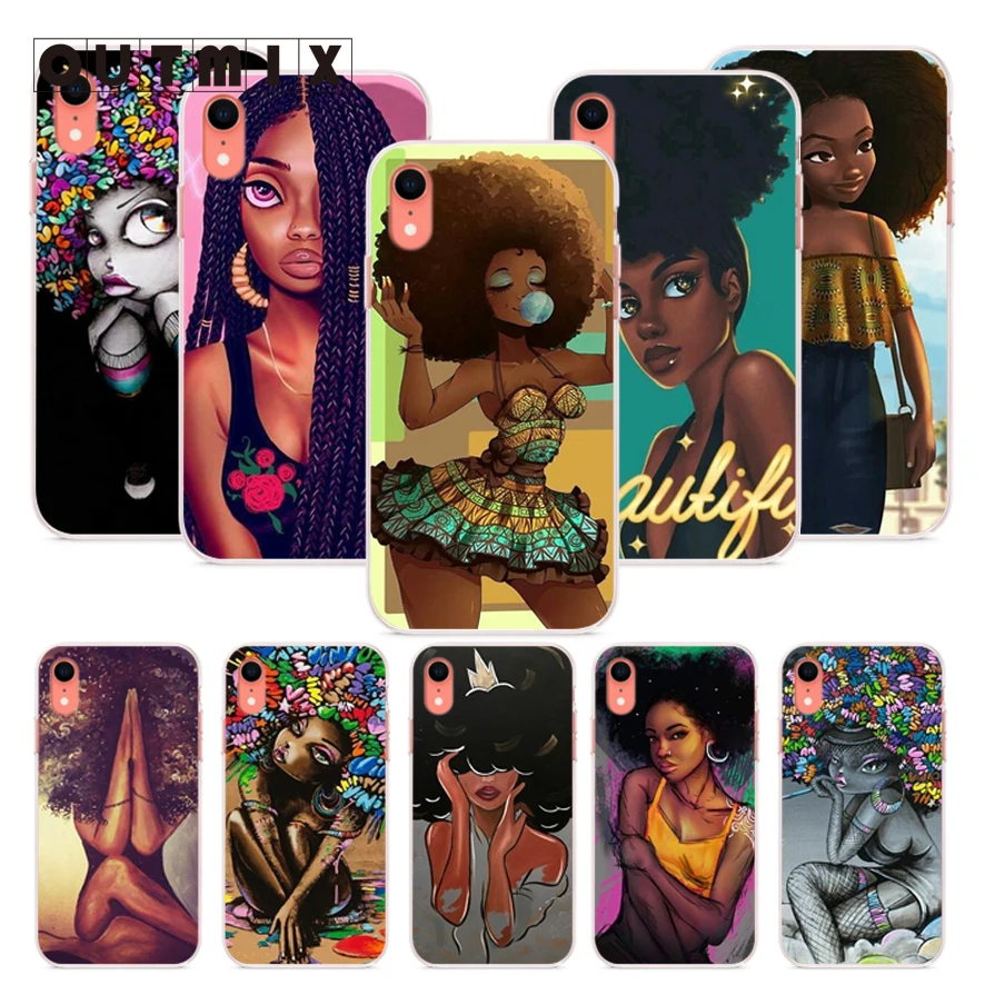 

OUTMIX Afro Girls thin TPU Silicone Case Cover For iPhone 6 6s 7 8 X 5 5S SE 6plus 7plus 8plus XR XS max phone shell