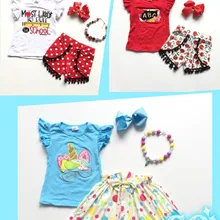 Одежда для маленьких девочек школьная одежда Синий Единорог/белый правило/красный яблочный Топ для маленьких детей платье в горошек/outfitwith ccessories