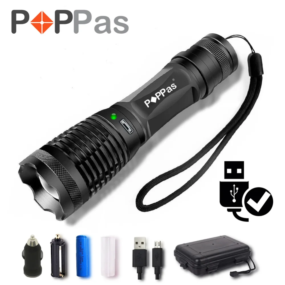 POPPAS Micro USB 1300LM XML-T6 L2 Chips LED Flashlight Torch Zoomable Ultra Bright Handheld Water Resistant 2400mAh car | Освещение