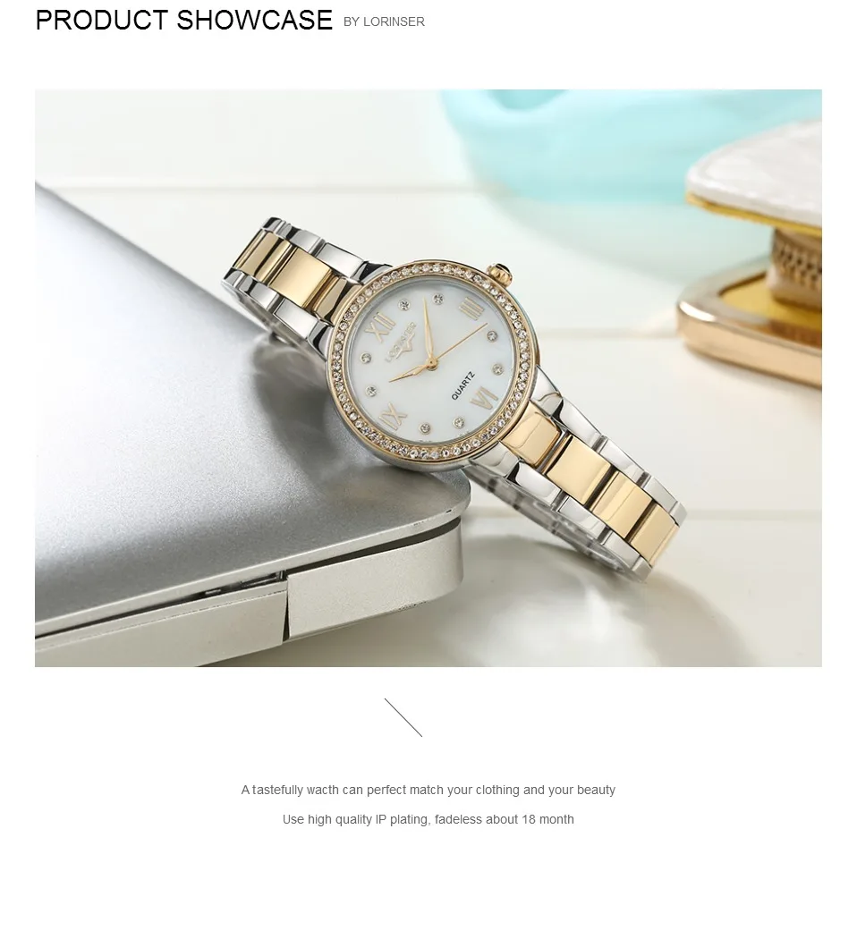 Lorinser двухцветные часы оригинальные Японские movt хрустальные перламутровые Модные женские наручные часы из нержавеющей стали