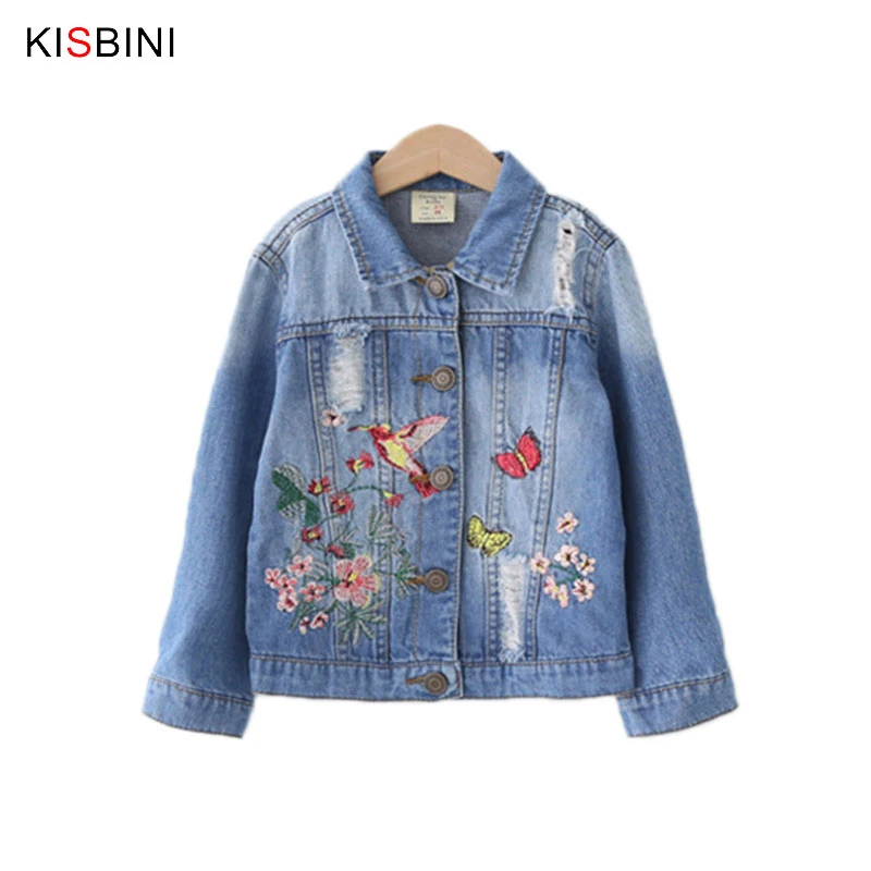 

KISBINI 2018 Autumn Trend Fashion Light Blue Girls Cowboy Jacket Bird Butterfly Embroidered Coats Casual Girls Outwear 1PC