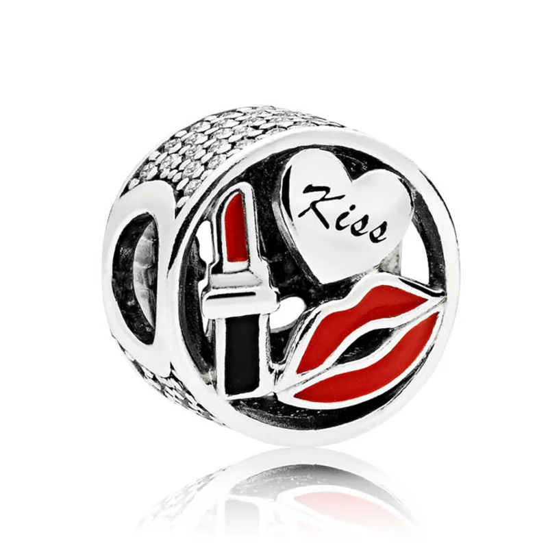 New 925 Sterling Silver Bead Charm Openwork Red Lips A Lipstick And A