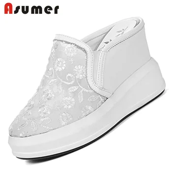 

ASUMER HOT 2020 fashion mesh+genuine leather pumps women increased internal mules summer shoes ladies casual party shoes