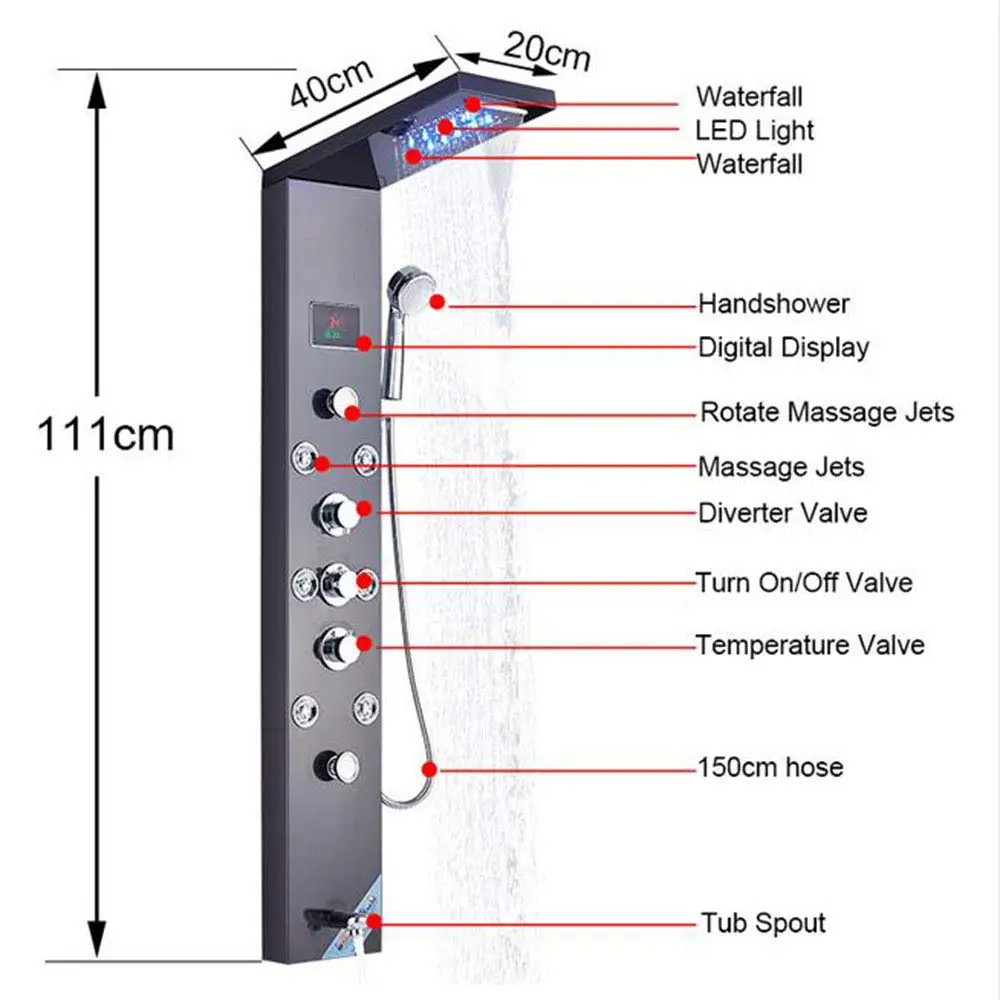 Светодиодный душ Панель ванны смеситель для душа Температура цифровой Дисплей ванной кран массаж тела Системы струй из нержавеющей стали башня душевая колонна кран