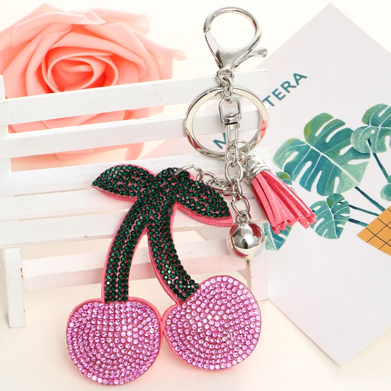 

MINHIN New Arrival PU Leather Key Chain Pink Rhinestone Cherry Pendant Charms Women Handbag Key Rings Car Kay Chains