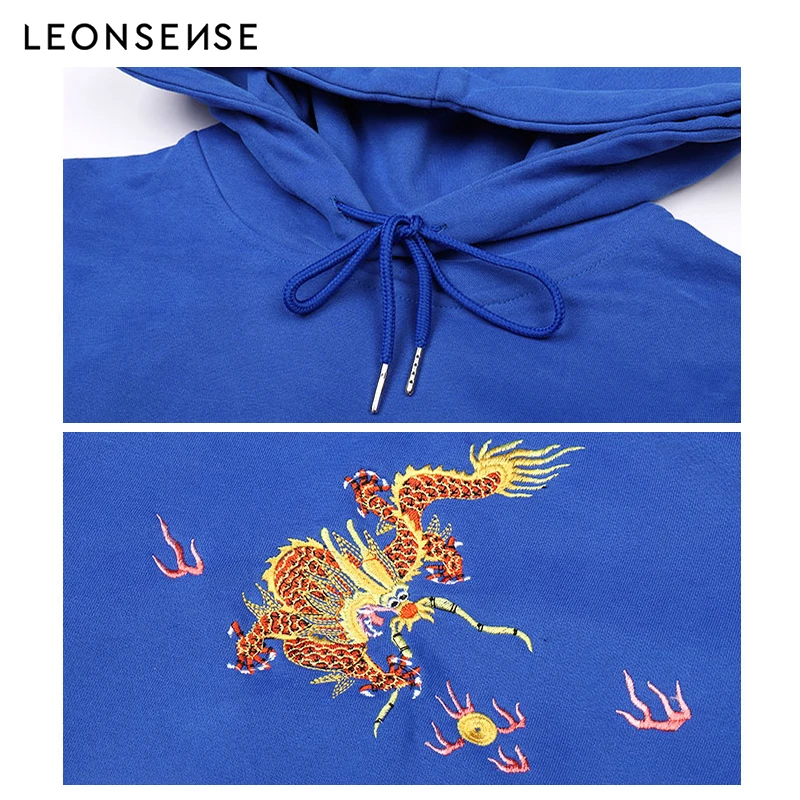 LEONSENSE New Fashion blue men's Long-Sleeves Hoodies Gothic Dragon head embroider Warm Hoodies men Round Collar Cotton Pullover