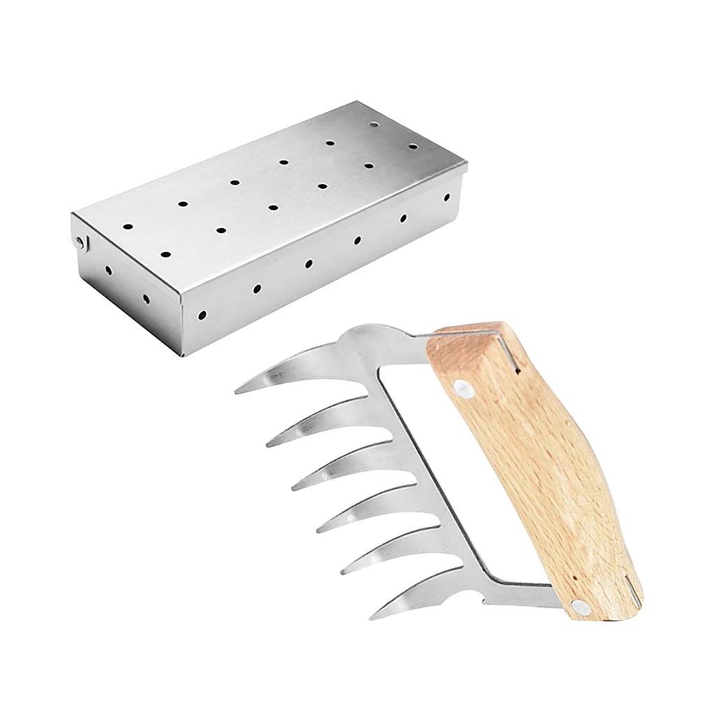 Meat Smoking Barbecue Smoker Box For BBQ Wood Chips & 1Pcs Meat Claw